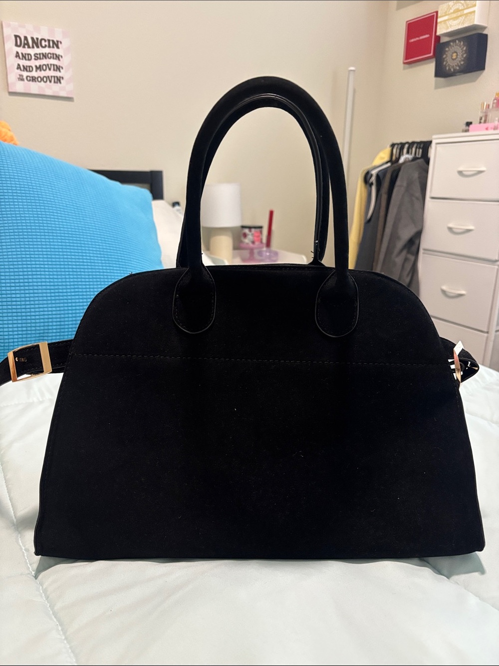 New - Classic Black Suede Dome Satchel - Women's Handbag